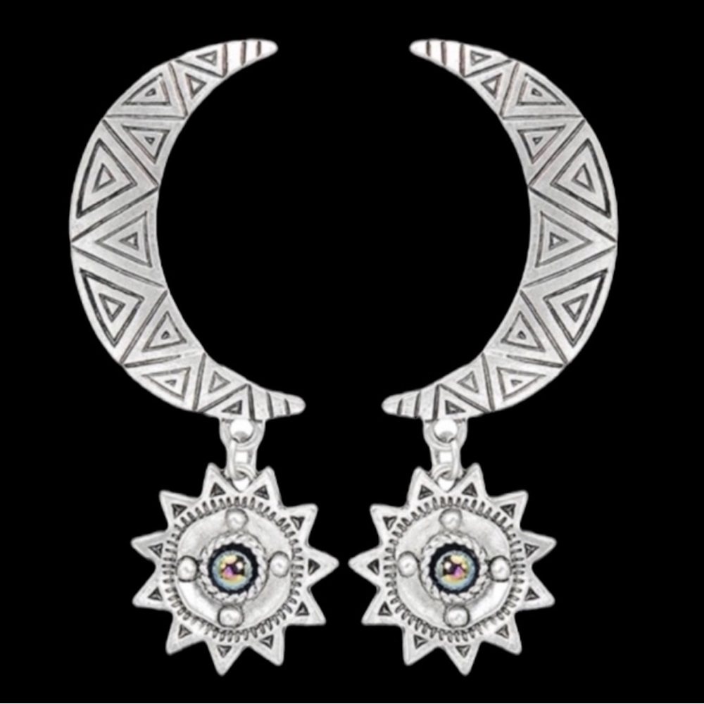 Artisan Moon Crescent Moon Earrings Sun Hematite Dangles Silver